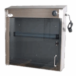 Armario esterilizador de acero inoxidable con puerta de cristal y sistema eléctrico, fabricado a medida por TCOM SL para garantizar higiene y seguridad en hostelería y alimentación