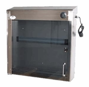 Armario esterilizador de acero inoxidable con puerta de cristal y sistema eléctrico, fabricado a medida por TCOM SL para garantizar higiene y seguridad en hostelería y alimentación