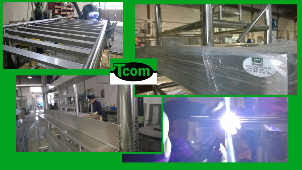 Fabricación de mobiliario en acero inoxidable por TCOM SL, con soldaduras de precisión y acabados resistentes que garantizan calidad, durabilidad y elegancia para negocios de hostelería y alimentación